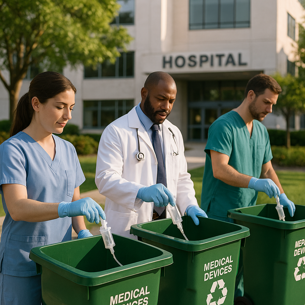 Medical staff disposing medical devices responsibly in labeled recycling bins outside a hospital surrounded by greenery.