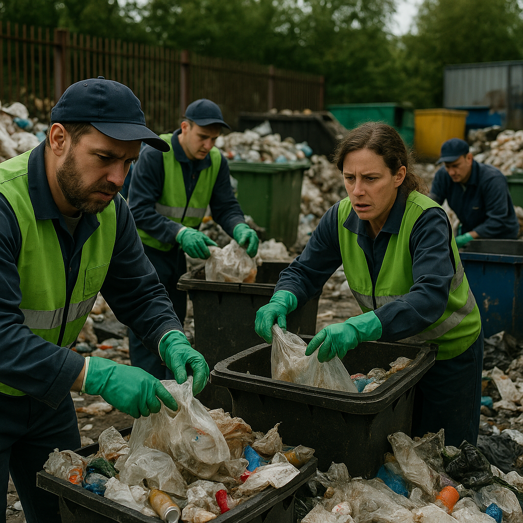 Workers struggling to separate mixed waste in a messy recycling facility with overflowing bins and piles of unrecyclable trash.