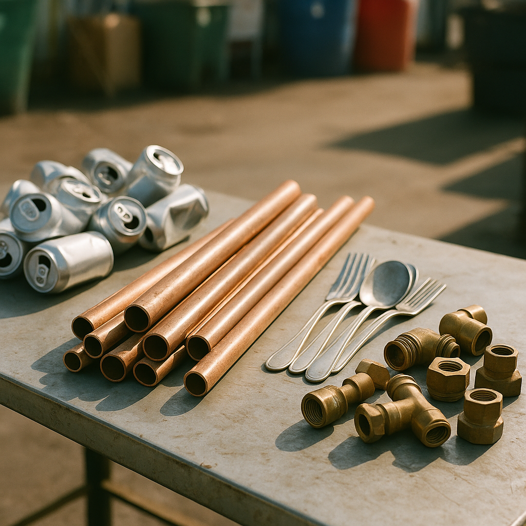 Metal Items at Recycling Center A variety of metal items including aluminum cans, copper pipes, steel utensils, and brass fittings sorted on a recycling center table in a brightly lit environment.