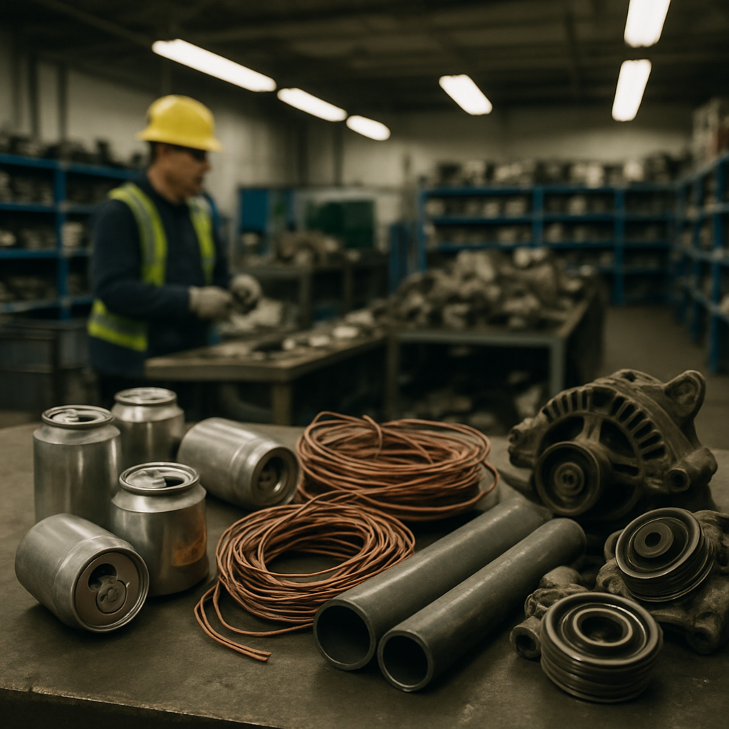 Variety of Metal Objects for Recycling A variety of metal objects including aluminum cans, copper wires, steel pipes, and car parts on a sorting table in a recycling facility.