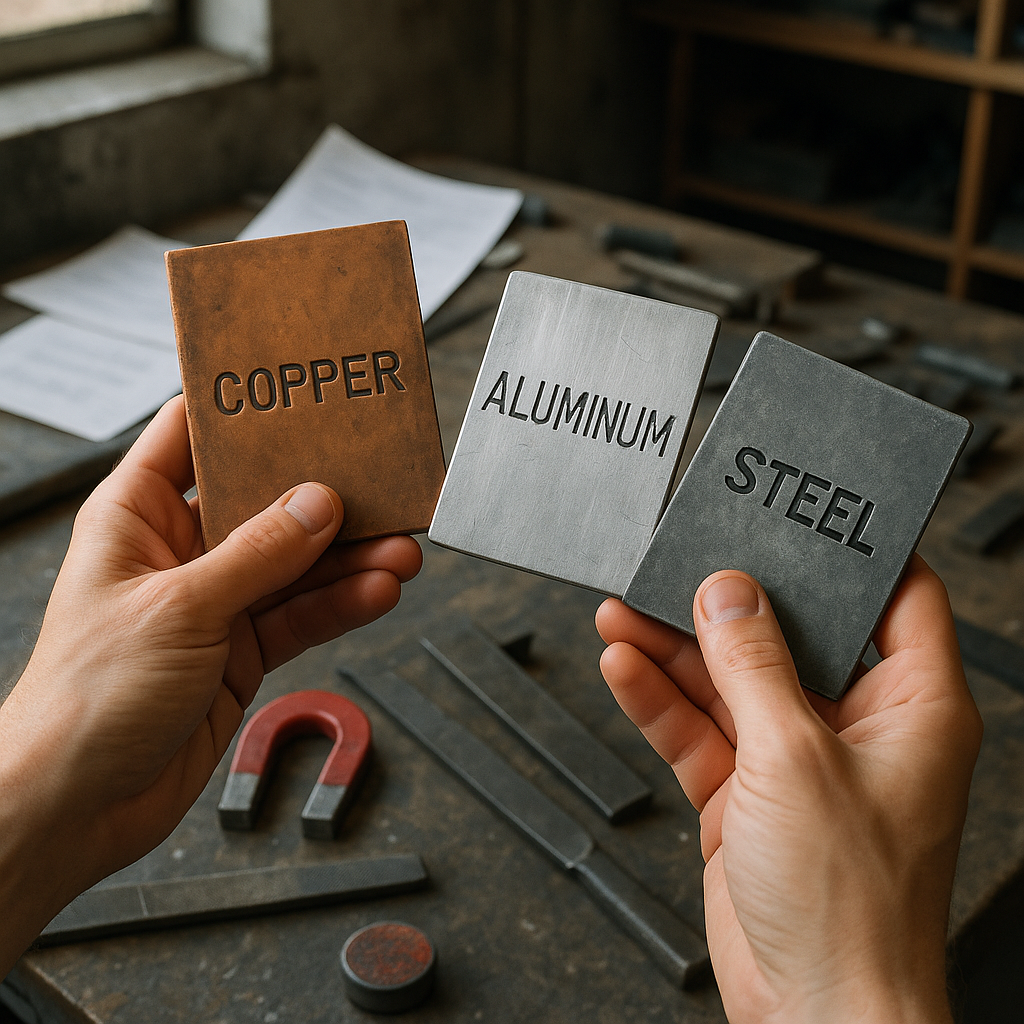Metal Samples on Workbench Hands holding up labeled metal samples including copper, aluminum, and steel on a workbench with testing tools