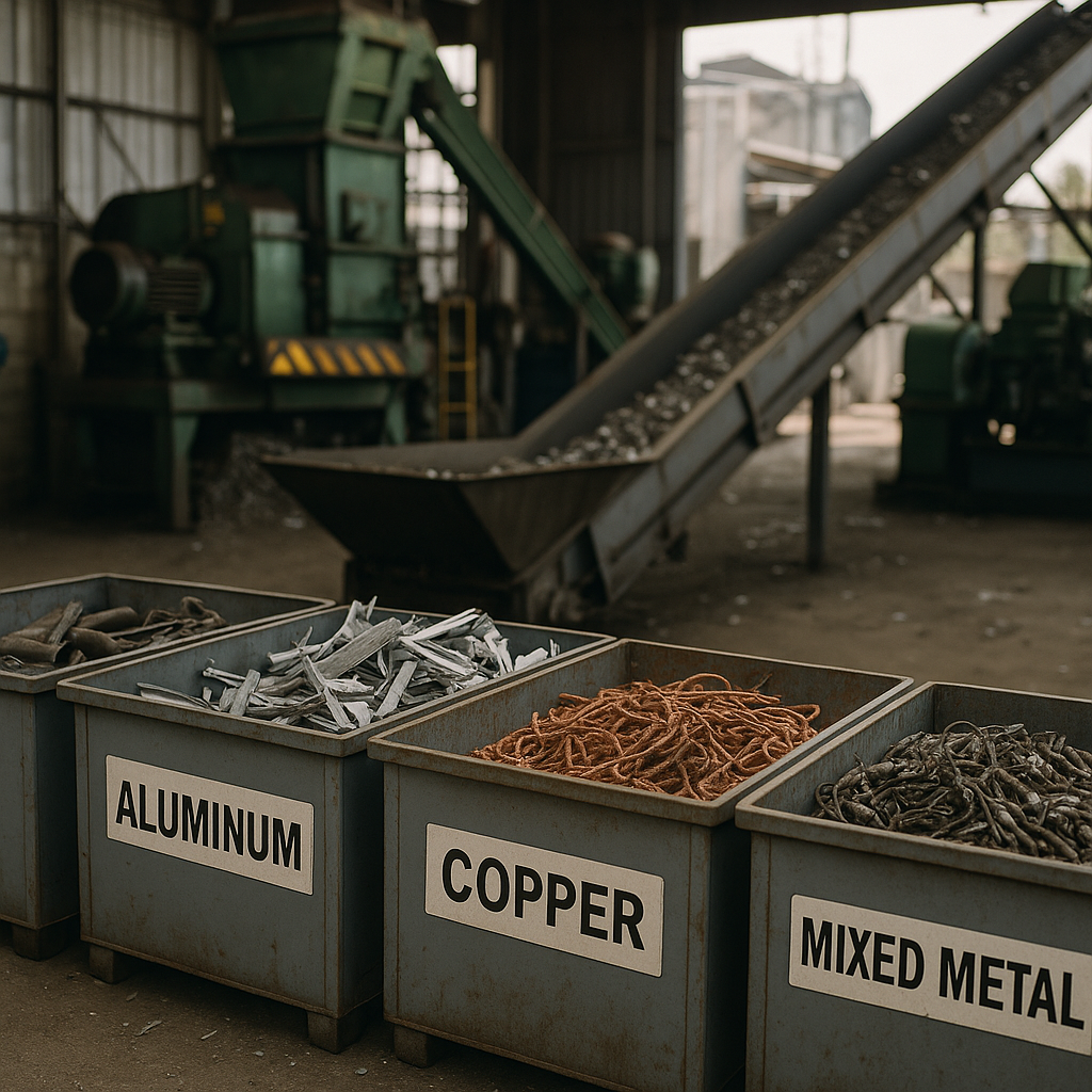 Metal Scrap Recycling Process Series of labeled bins showing metal scrap being collected and processed at a recycling facility with machines and conveyor belts.