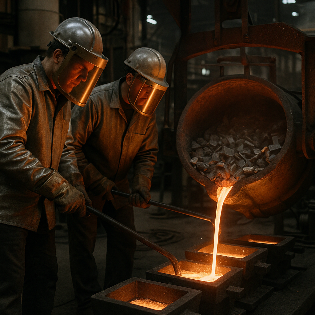 Transformative Melting Process in Foundry Metal scraps being melted in a foundry with dramatic lighting highlighting the transformation process.