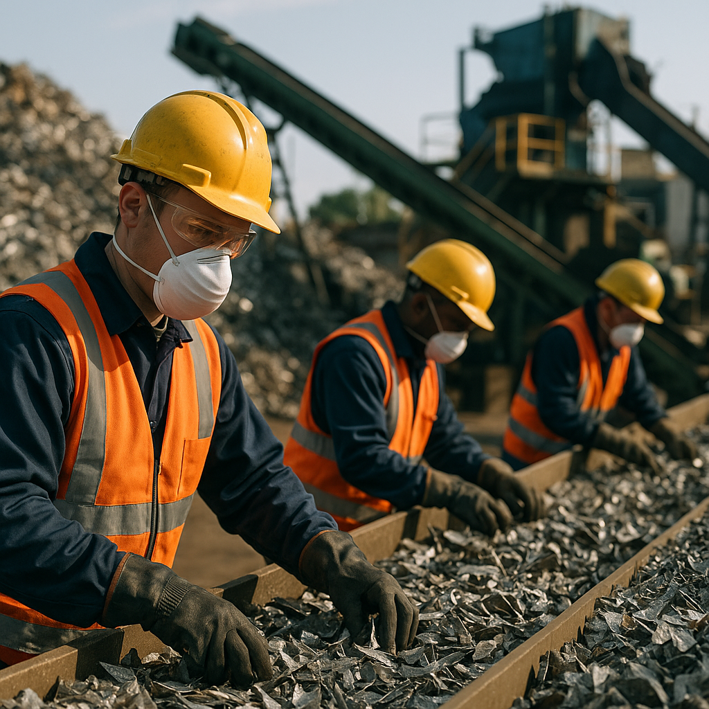 Workers sorting and processing metal scraps at a recycling facility with conveyor belts and machinery in action.