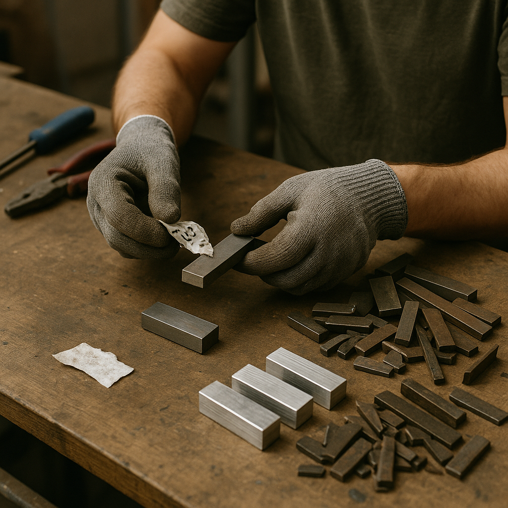 Person wearing gloves cleaning and sorting metal pieces on a workbench
