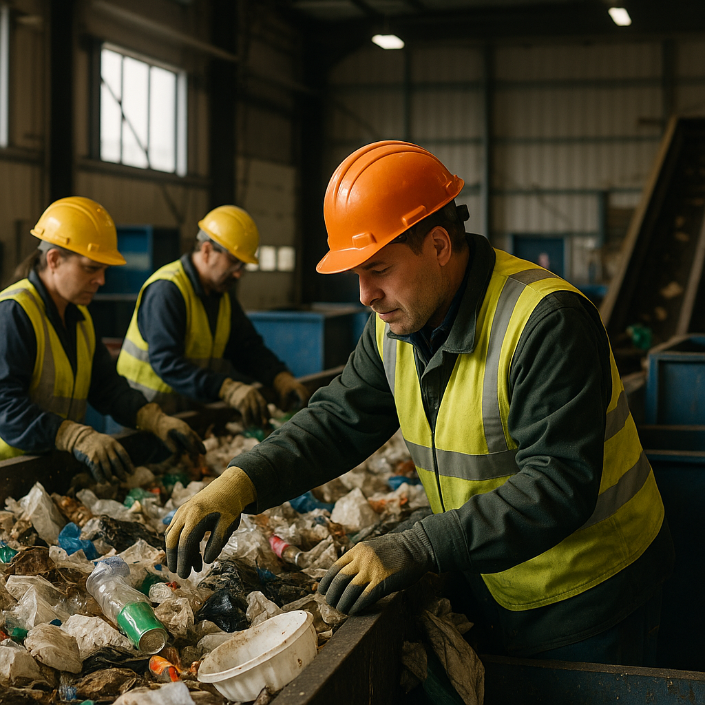 Inspection of Contaminated Recyclables in Sorting Center Piles of mixed, contaminated recyclables in a sorting center with workers inspecting for non-recyclable materials in a realistic industrial setting.