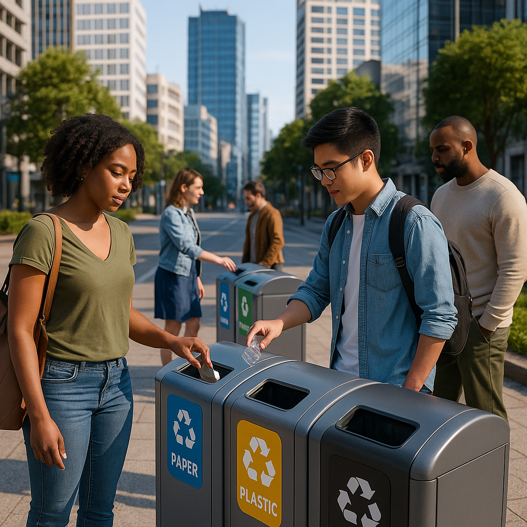 Modern city scene featuring futuristic recycling stations with diverse people using bins, clean streets, and green spaces under a bright sky.