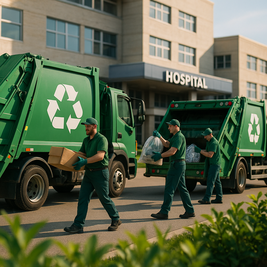 Modern hospital facility with eco-friendly recycling trucks and technicians, surrounded by green plants under a clear sky.