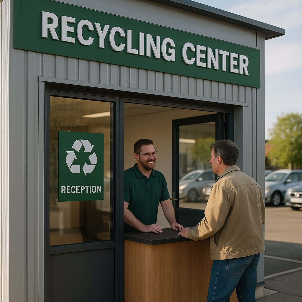 Modern Recycling Center Facade Modern recycling center facade with clear signage, a customer talking with staff at the reception counter, and a parking lot in the background.