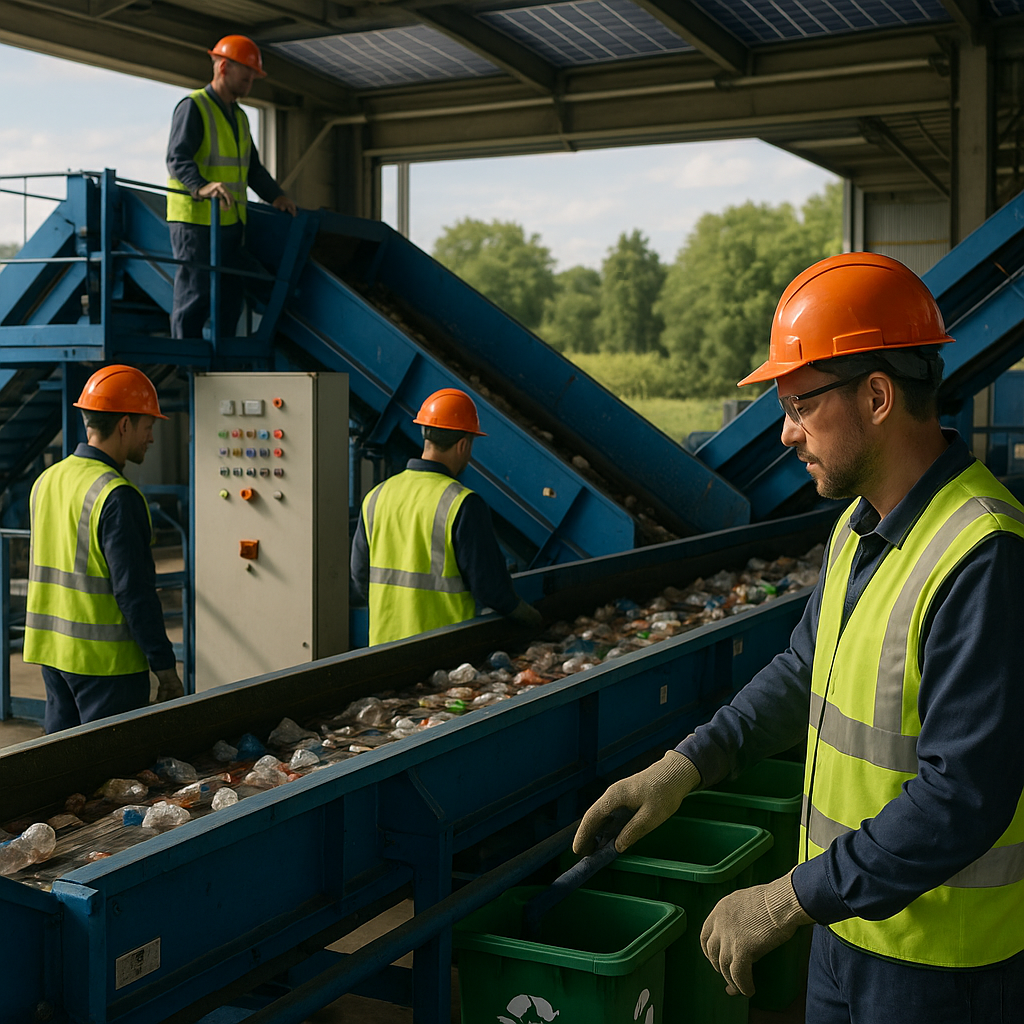 Modern Recycling Facility with Solar Panels Modern recycling facility with advanced machinery and solar panels on the roof, surrounded by a green landscape and workers overseeing operations.