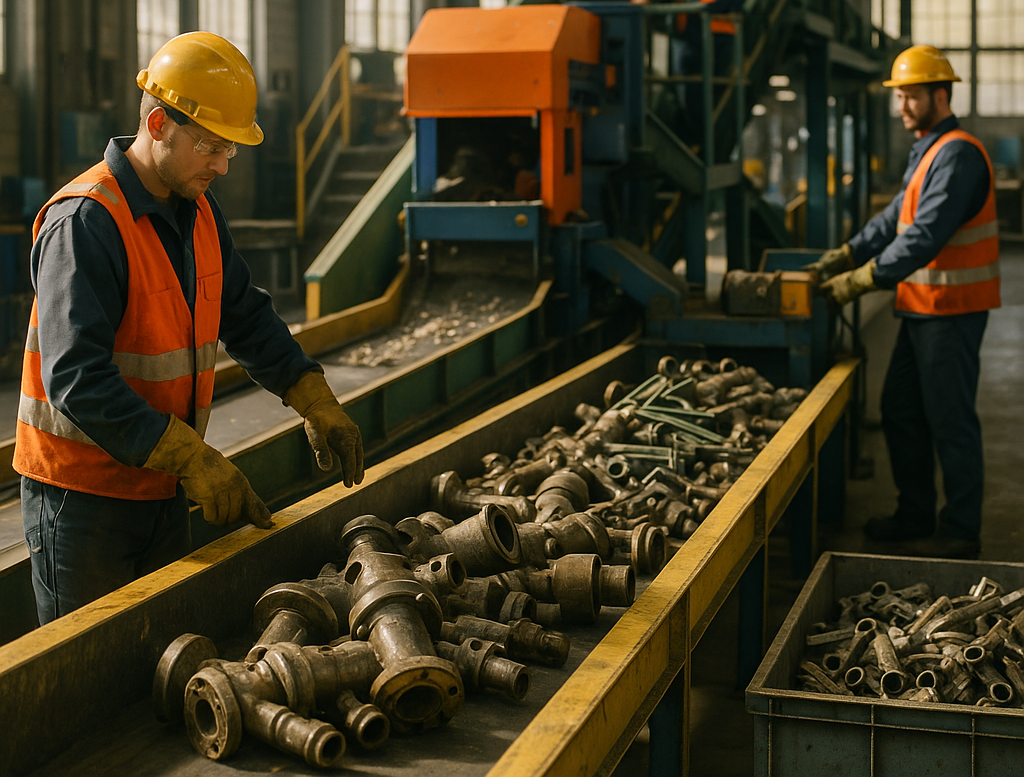 Modern recycling facility with automated machines and workers processing fracking equipment, illuminated by sunlight from large windows.