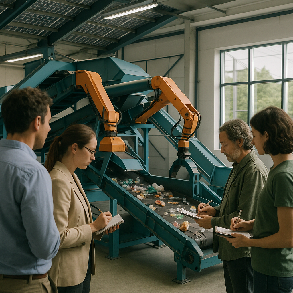 Futuristic Recycling Facility with Automated Sorting A modern recycling facility featuring automated sorting machines and solar panels, with people observing the progress in a futuristic yet realistic setting.