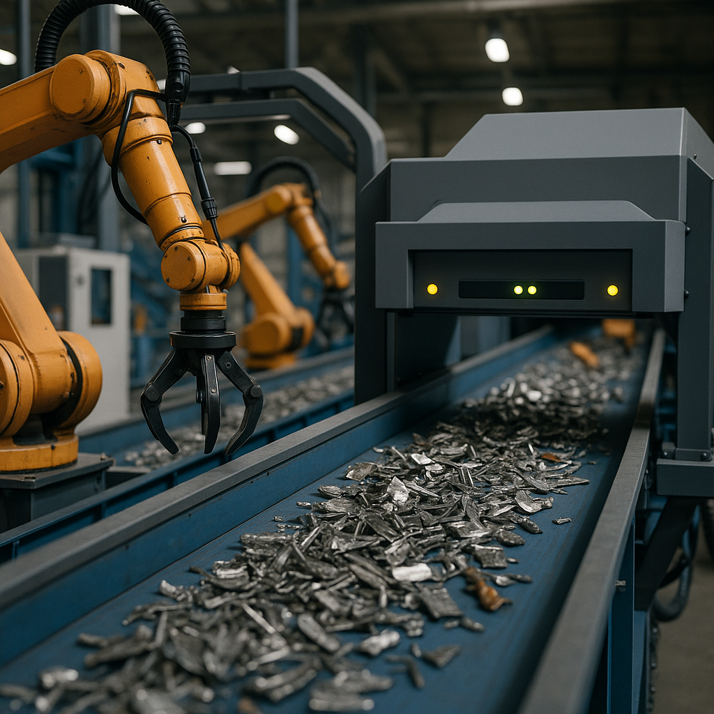 Advanced Recycling Facility Modern recycling facility featuring conveyor belts, scanning machines, and robotic arms sorting metal scraps.