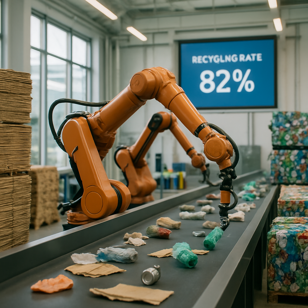 Modern recycling plant with advanced robotic arms sorting materials in a clean and efficient environment.