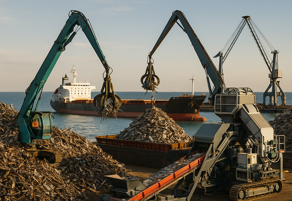 Modern scrapyard by the sea with cranes loading sorted metal onto ships and futuristic recycling equipment, featuring workers in high-visibility clothing.