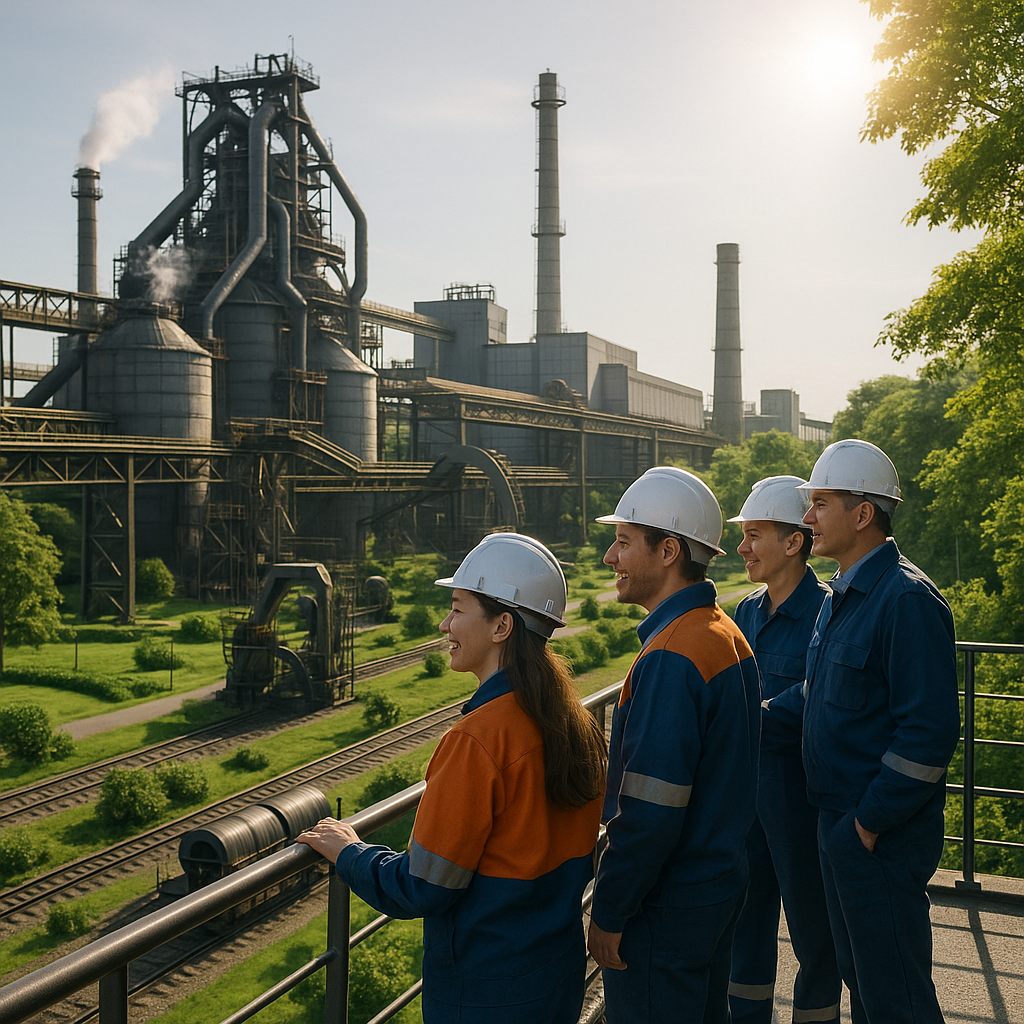 Modern steel plant with advanced equipment and integrated green spaces, featuring optimistic workers observing operations from a balcony under sunlight.