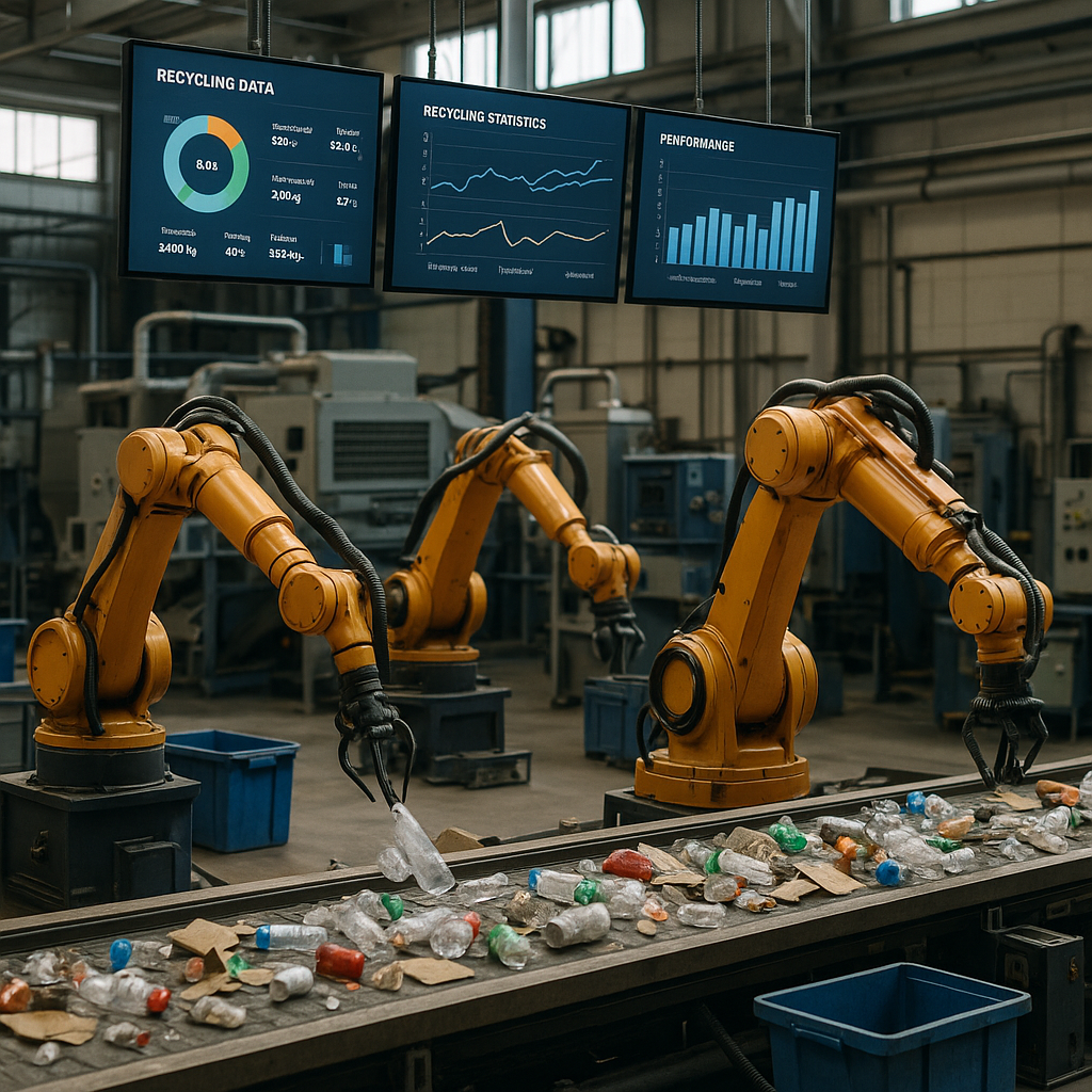 Automated Recycling Factory Modern factory with automated robotic arms sorting recyclables and displaying digital screens with recycling data