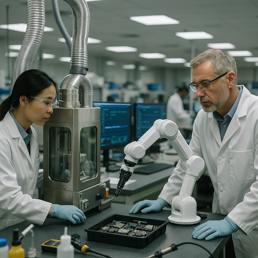 Advanced Extraction in Modern Laboratory Modern laboratory with scientists using advanced extraction machines and robotic arms sorting electronic components.