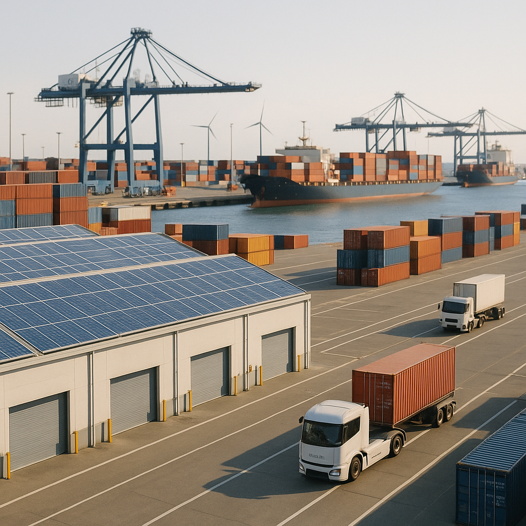 Overview of a modern seaport featuring solar panels, electric vehicles, and wind turbines.