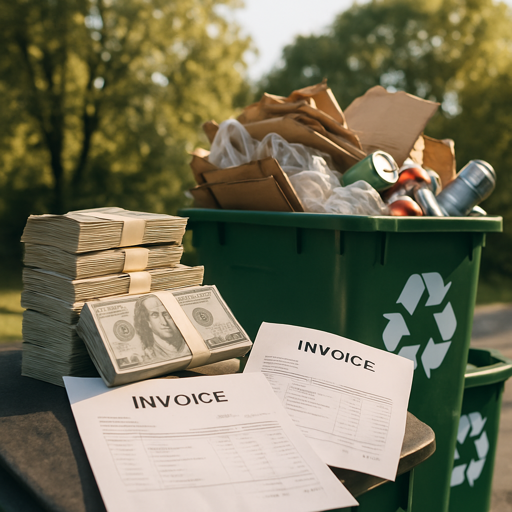 Financial Resources and Recycling Stacks of money and invoices beside overflowing green recycling bins filled with reusable materials, with lush trees in the background under bright natural lighting.