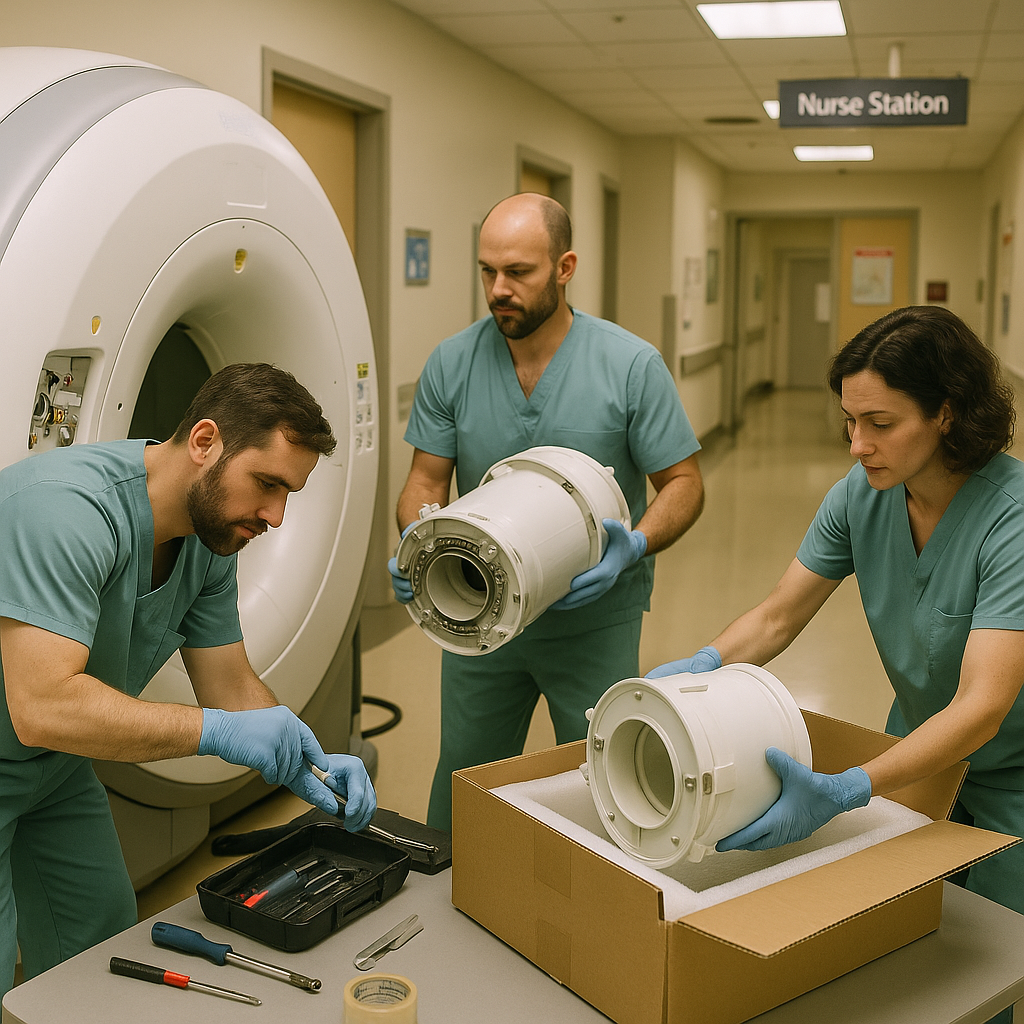 Step-by-step sequence showing technicians disconnecting, moving, and packaging MRI components in a hospital setting.