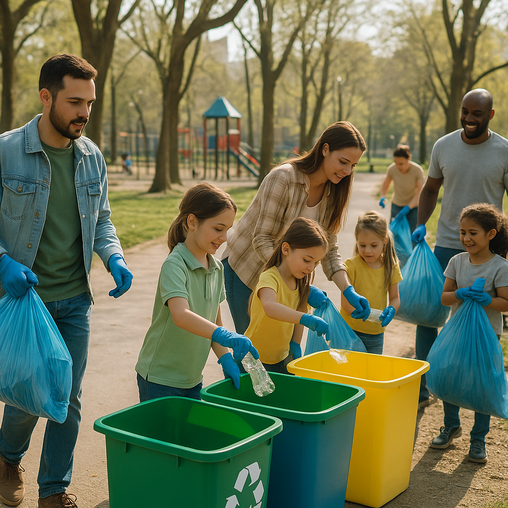Community Cleanup Day in the Park Families and volunteers collecting recyclables and trash into color-coded bins during a neighborhood cleanup event in a city park.