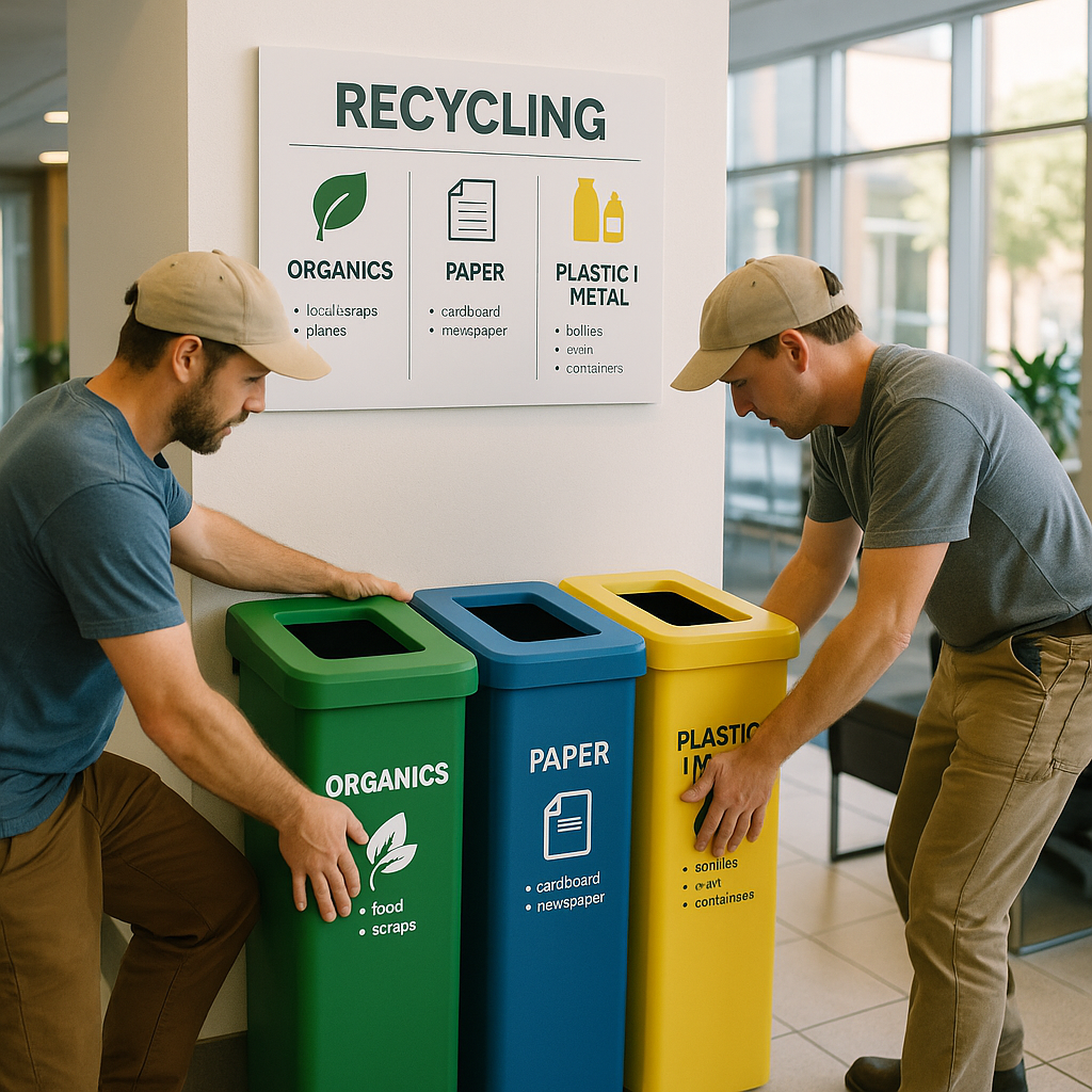 Installation of Recycling Bins in Office Lobby Workers installing large color-coded recycling bins in an office lobby with informative signage above in a bright indoor setting.