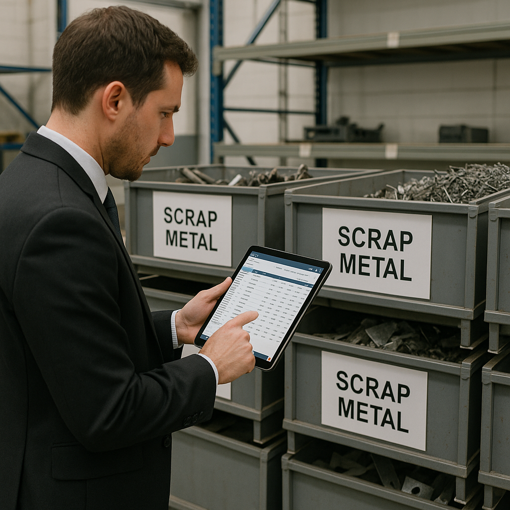 Office Worker Checking Scrap Metal Inventory Office worker using a tablet to check organized stacks of labeled scrap metal bins in a clean warehouse with a digital inventory system displayed.