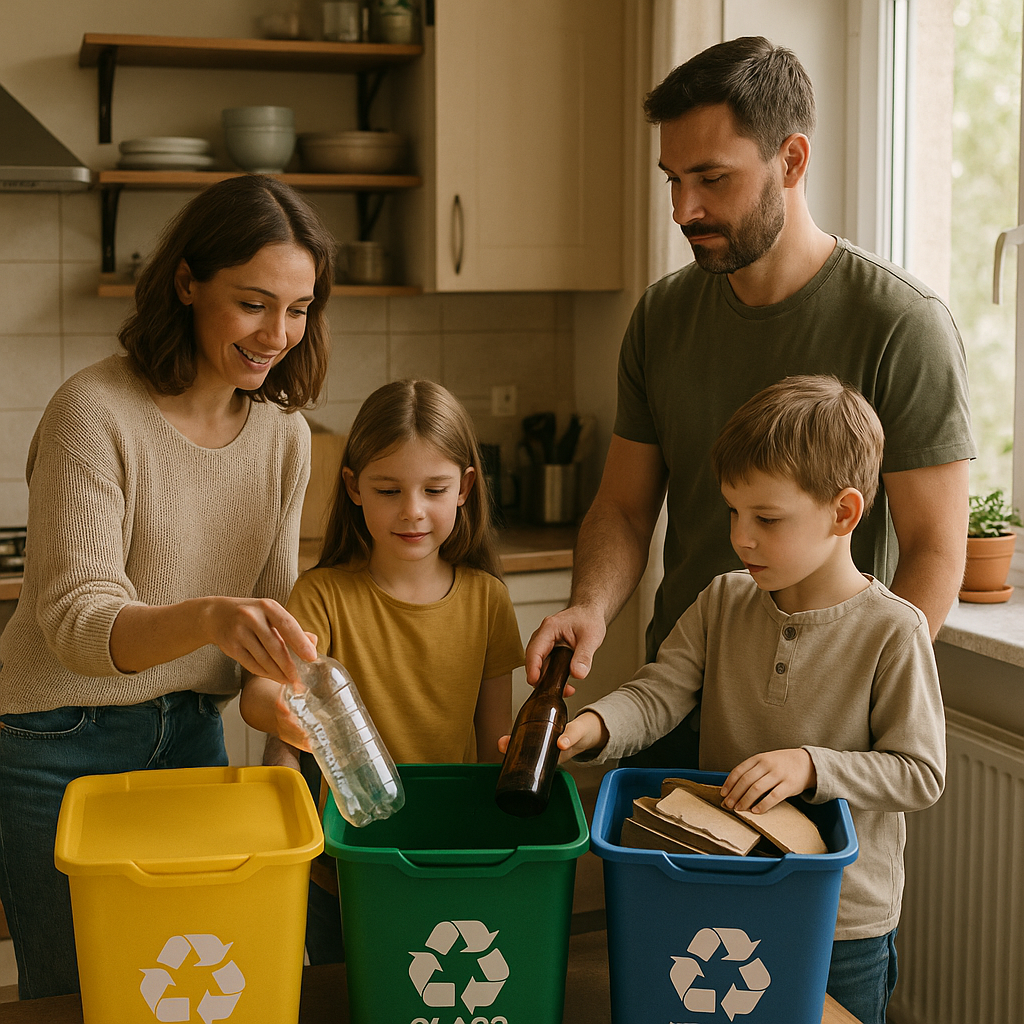 Organized Kitchen with Color-Coded Recycling Bins Family sorting plastic, paper, and glass into color-coded recycling bins in an organized kitchen corner with sunlight streaming through the window.