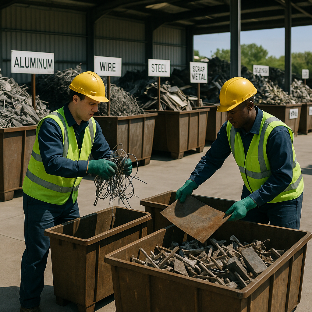 Efficient Recycling Facility Organized recycling facility with labeled metal scrap piles, workers efficiently loading materials, clean pathways, bright lighting