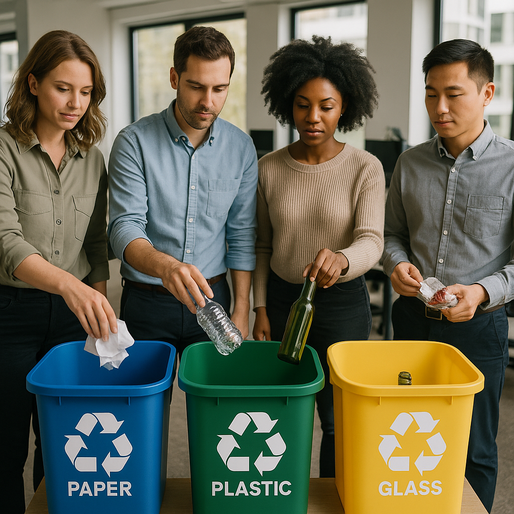 Organized recycling station in a modern office with separate labeled bins for paper, plastic, and glass, and employees sorting waste.