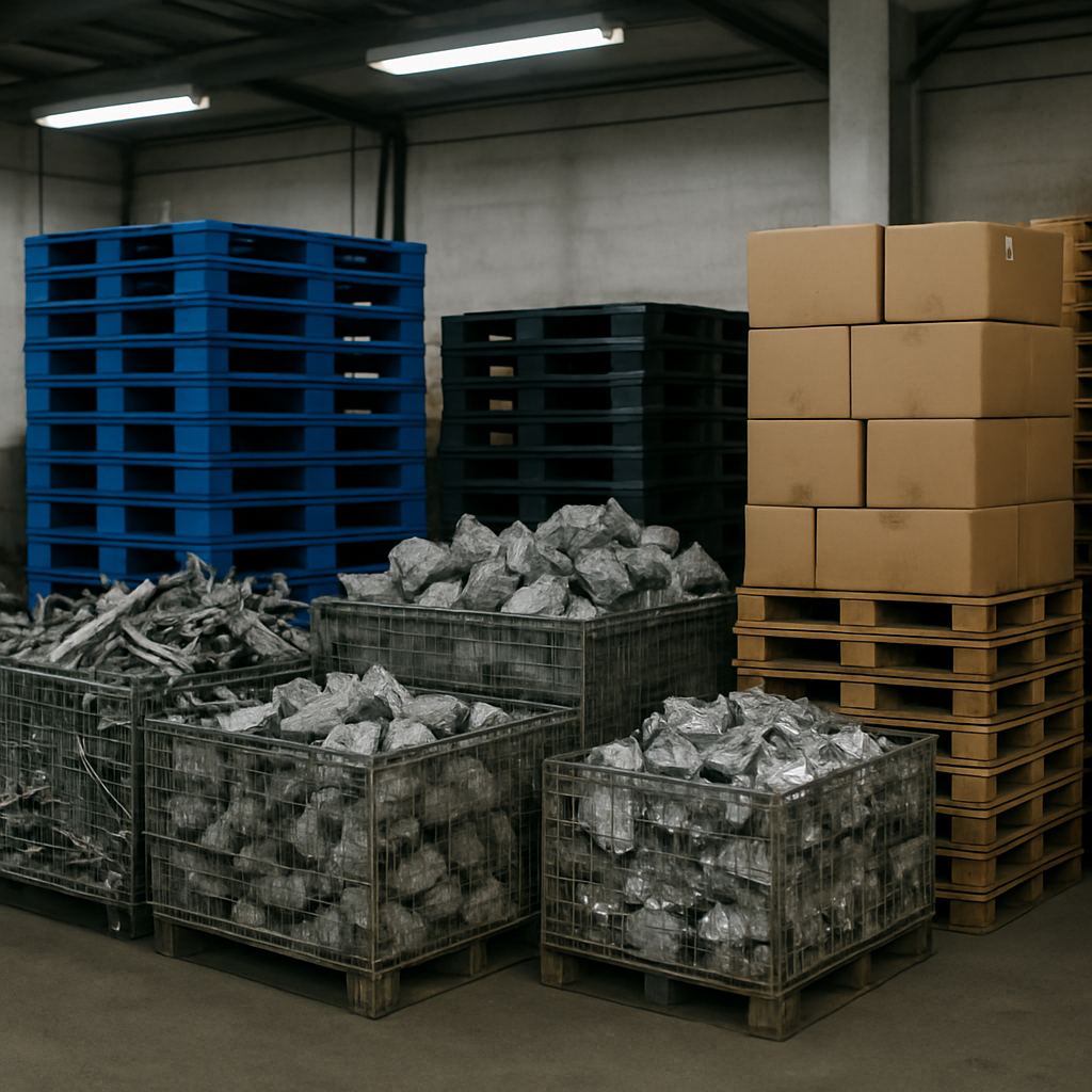 Assortment of scrap metals, plastic pallets, cardboard boxes, and wooden pallets organized in an industrial warehouse.