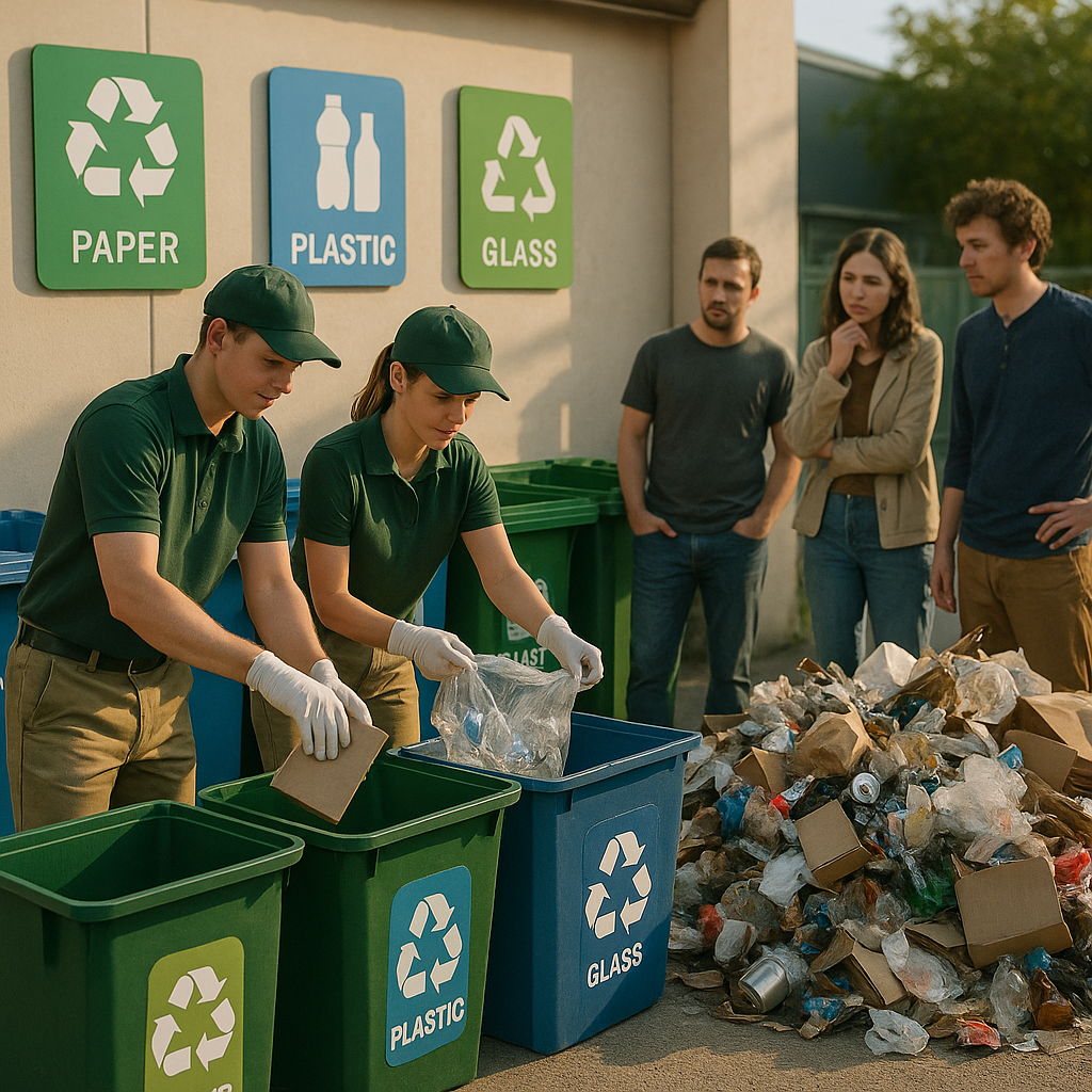 Juxtaposed Recycling Area and Mixed Waste Scene A juxtaposed scene showing a clean, organized recycling area with employees at work beside a cluttered pile of mixed waste and uncertain individuals.