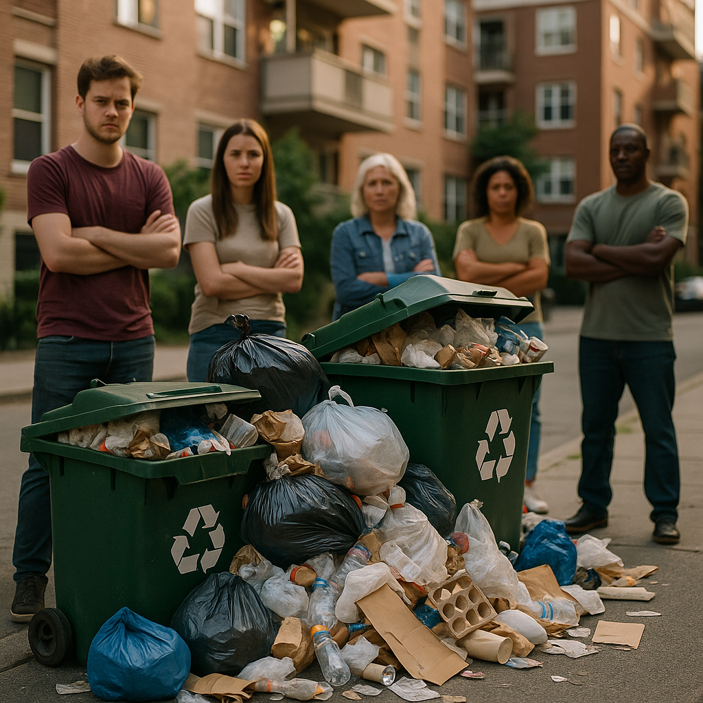 Overflowing Recycling Bins in Urban Environment Overflowing recycling bins with mixed trash outside apartment buildings, with frustrated residents nearby in a realistic urban environment.