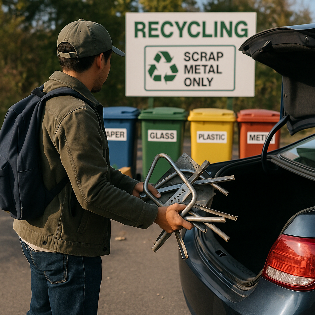 Loading Scrap Metal at Recycling Drop-Off Person loading scrap metal into the back of a car at a recycling drop-off site with clear signage and recycling bins.