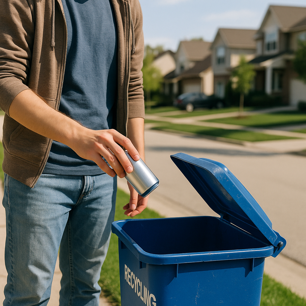Person placing an empty aluminum can into an outdoor recycling bin with a suburban neighborhood in the background on a sunny day.