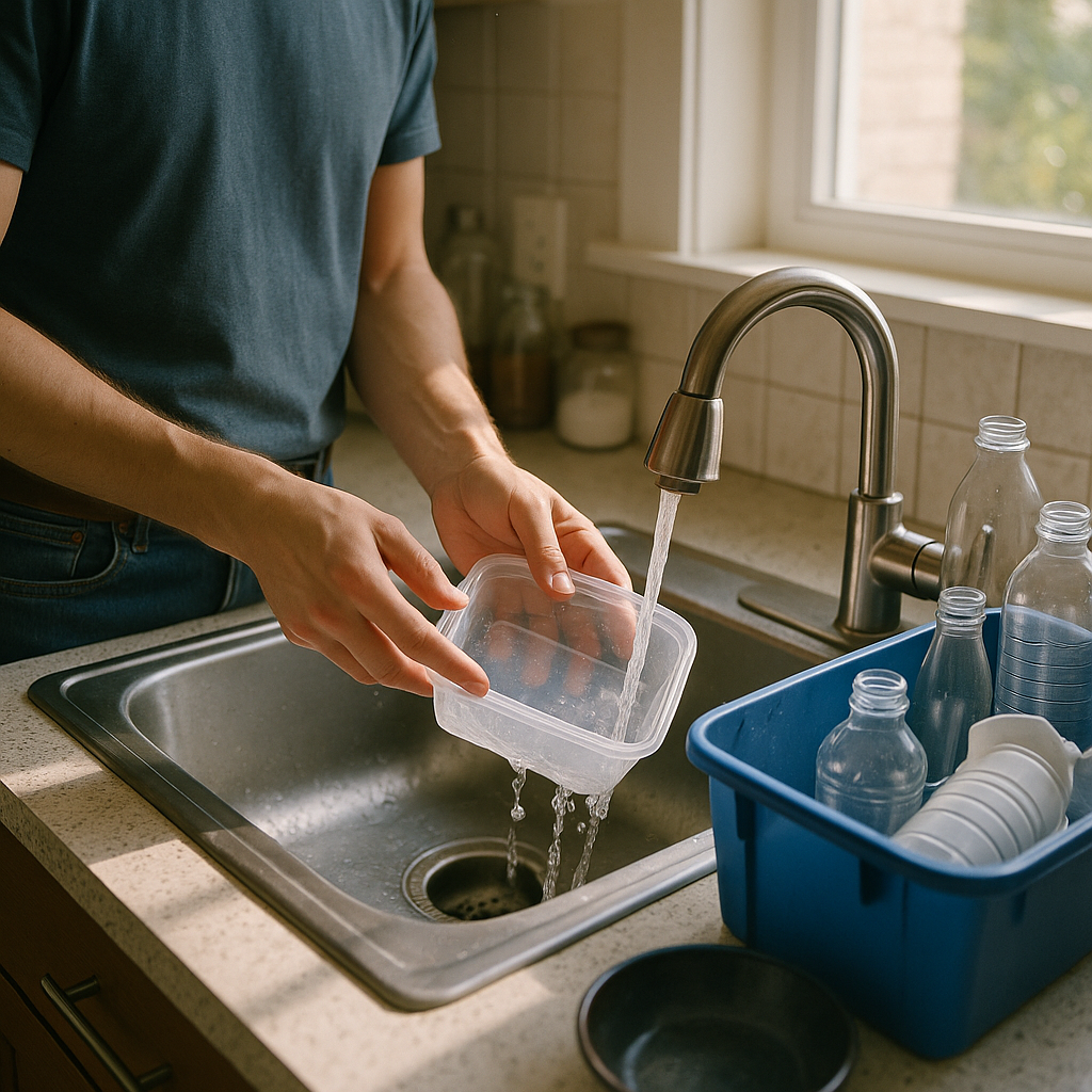Person rinsing food residue from a plastic container at a kitchen sink before placing it into a blue recycling bin organized with other recyclables nearby.