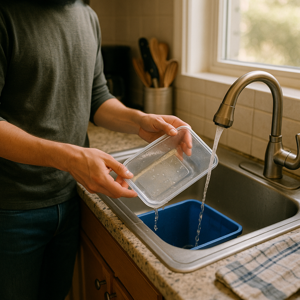 Rinsing and Recycling Plastic Container A person rinsing a plastic container at a home sink and placing it into a blue recycling bin in a natural kitchen setting.