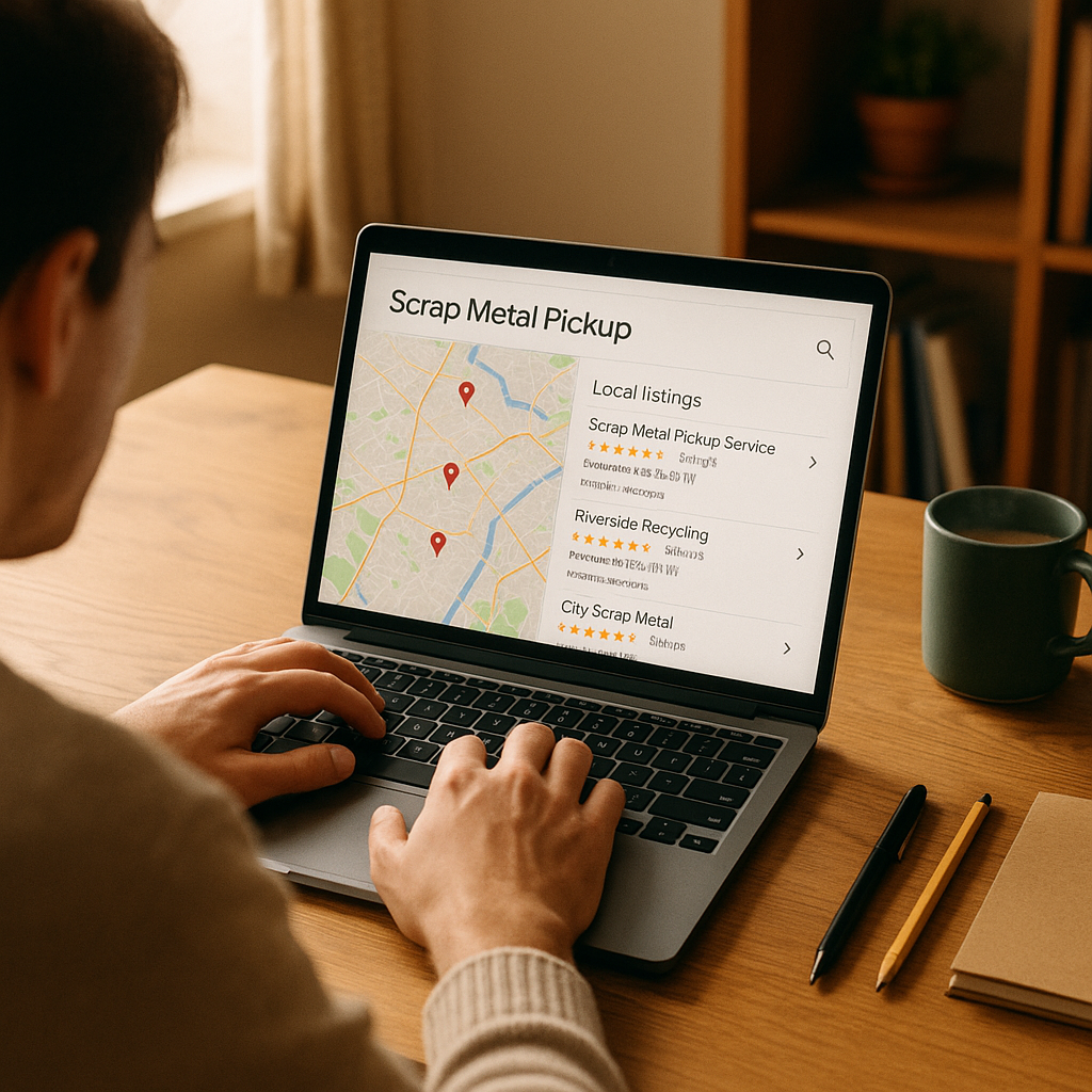 Searching for Scrap Metal Pickup Services Person searching online for scrap metal pickup services on a laptop with a map and local listings visible in a cozy home setting.