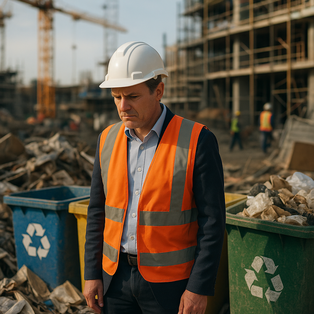 Concerned Project Manager at Construction Site Project manager looking concerned while supervising disorganized recycling bins and mixed debris at a busy construction site.
