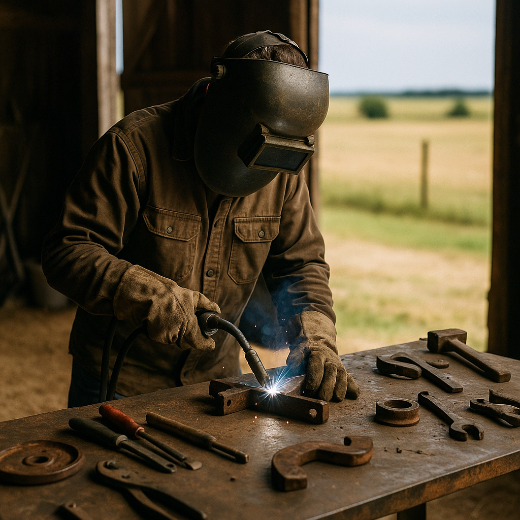 Rancher welding old metal parts to build a sturdy gate with organized tools and scraps on a workbench, featuring open barn doors and a sunlit rural backdrop.