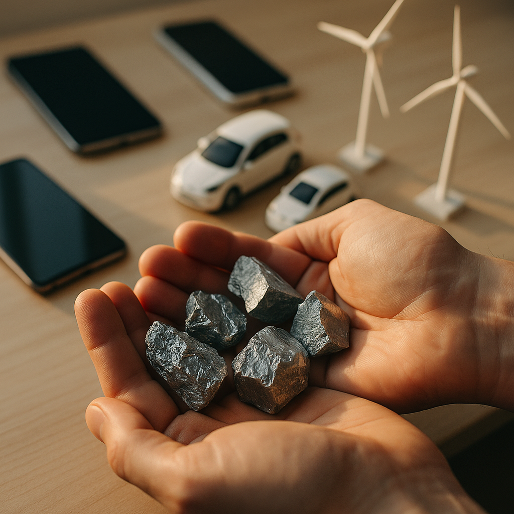 Close-up of a person's hands holding shiny rare earth metal samples, with smartphones, electric cars, and wind turbine models on a table in the background.