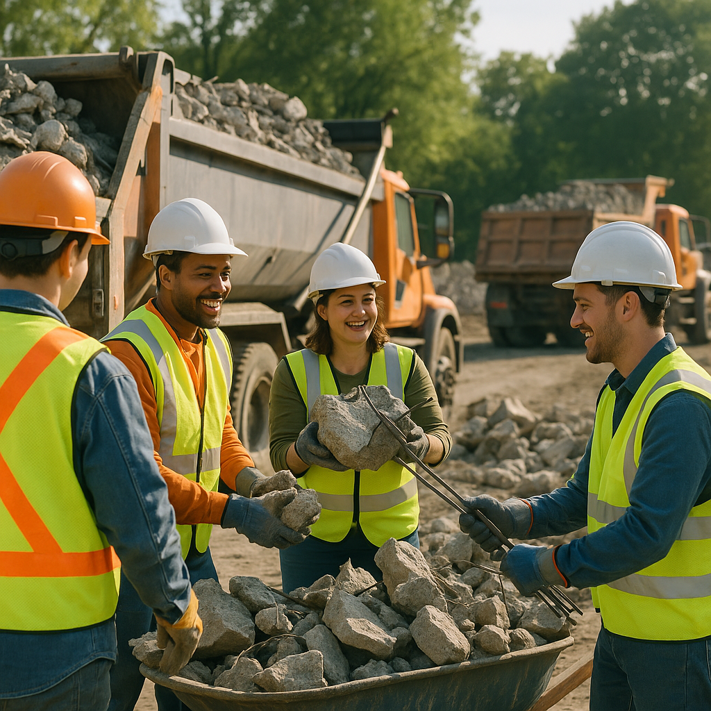 Workers loading recycled concrete and steel onto trucks at a construction site, with trees in the background