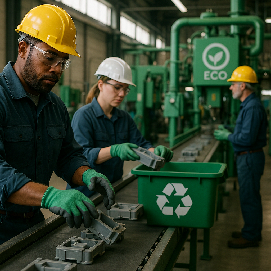 Eco-Friendly Manufacturing of Recycled Materials Workers in a manufacturing plant processing recycled materials into new products with eco-friendly machines.