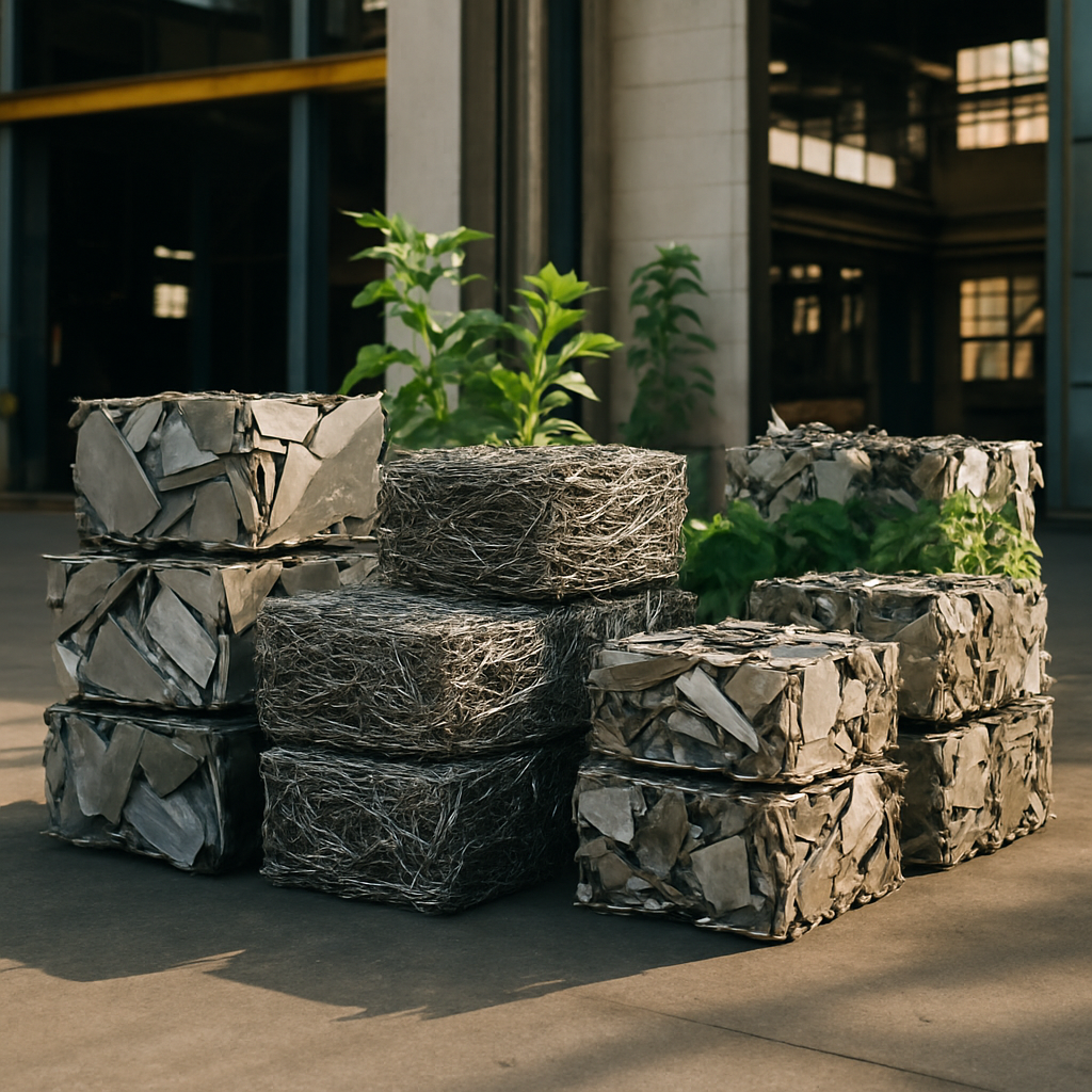 Recycled Metal in Sustainable Factory Clean piles of recycled metal ready for reuse in a factory setting, with green plants nearby, highlighting environmental benefits.