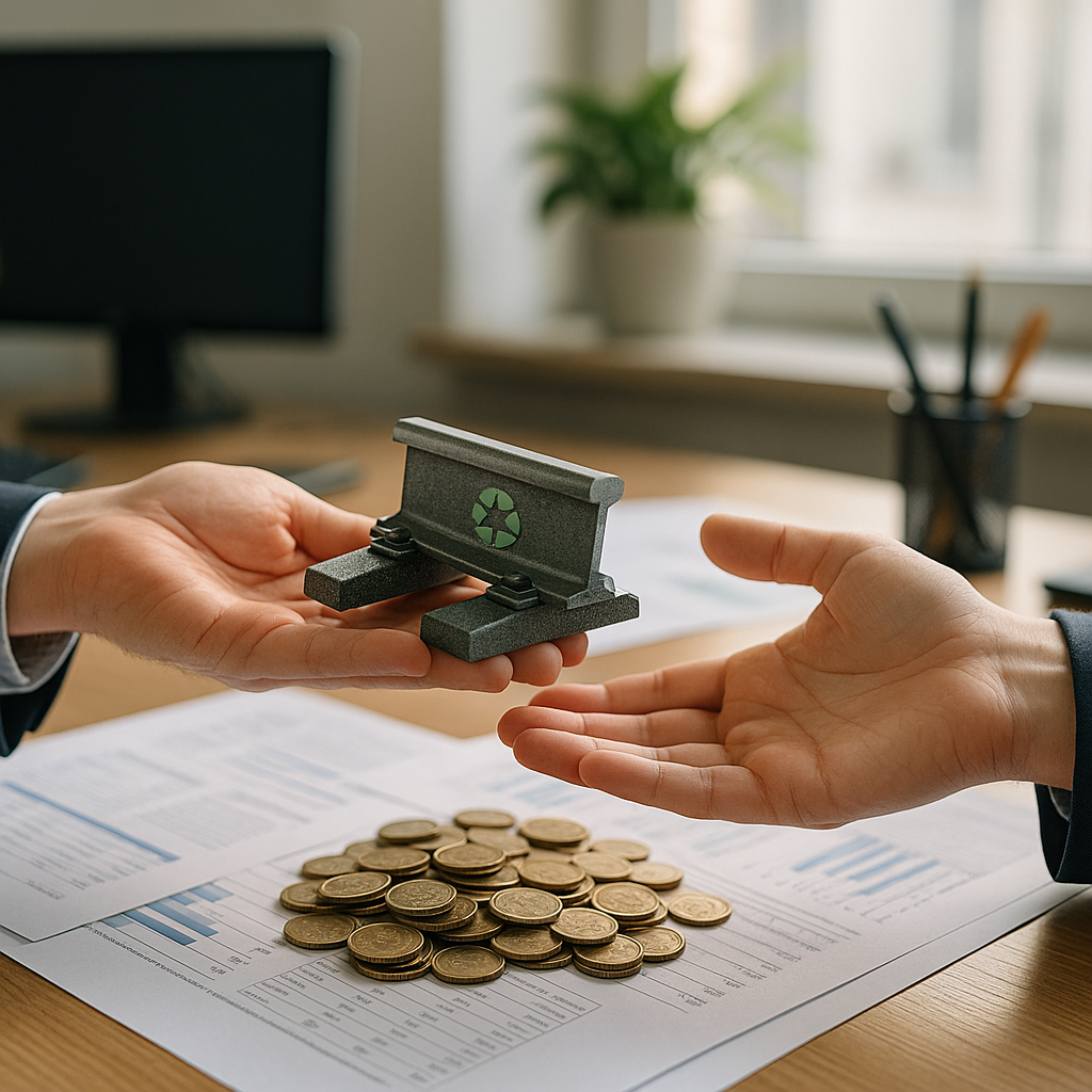Hands passing recycled steel railroad tracks over a pile of coins and business documents, symbolizing financial growth.