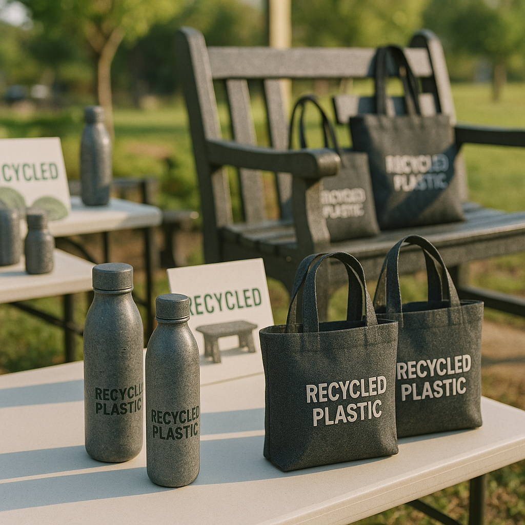 Everyday Recycled Plastic Products Assortment of everyday products made from recycled plastics, including water bottles, park benches, and tote bags, displayed on a bright table.