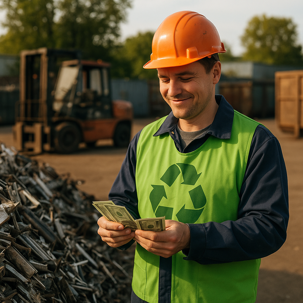 Financial Success in Recycling Industry Recycler counting cash beside sorted piles of metal scraps in an industrial yard with forklifts and containers, symbolizing financial success.