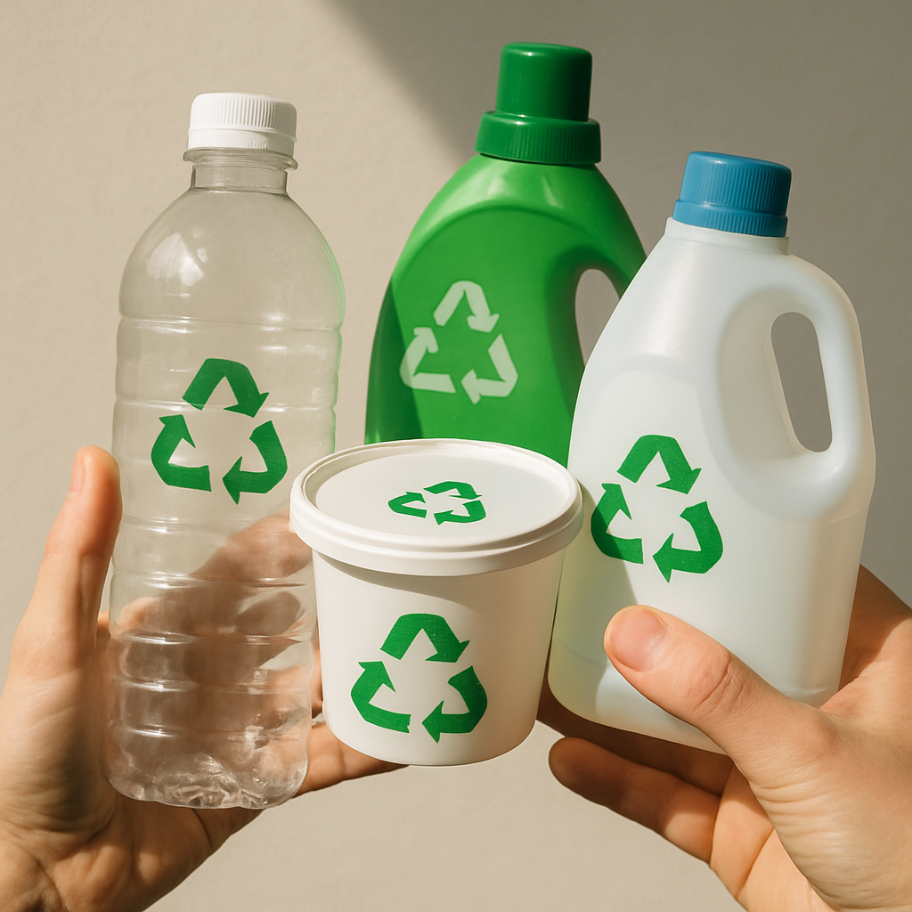 Hands with Recycling Containers Hands holding different plastic containers with recycling symbols, including clear and colored bottles, tubs, and jugs against a plain background.