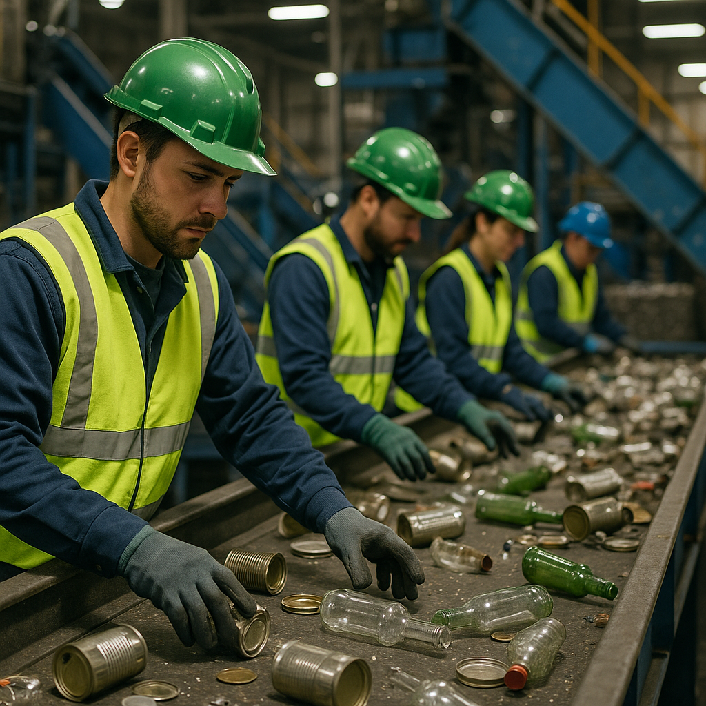 Sorting in a Recycling Facility Workers sorting metal and glass items on conveyor belts in a recycling facility.